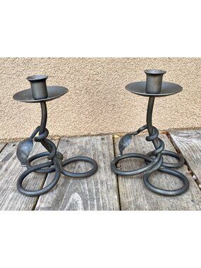 2 Matching mid-century modern heavy wrought iron candlesticks